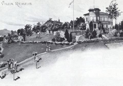 Historisches Schwarzweiß-Bild der Villa Remeis auf einem Hügel über der Stadt Bamberg